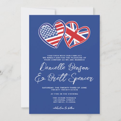 Blue United Kingdom American Heart Flags Wedding Invitation