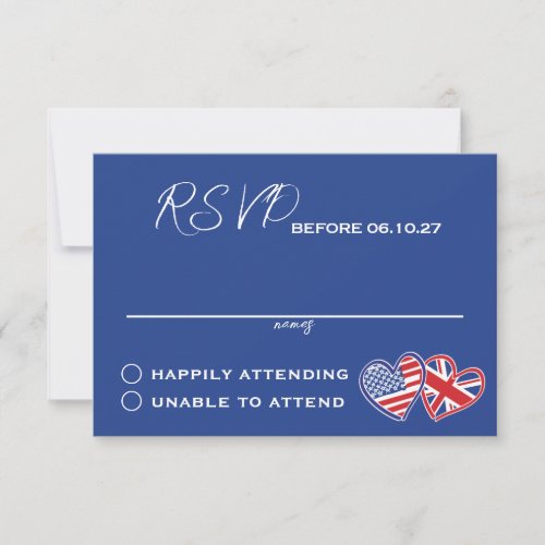 Blue United Kingdom American Heart Flags Wedding RSVP Card