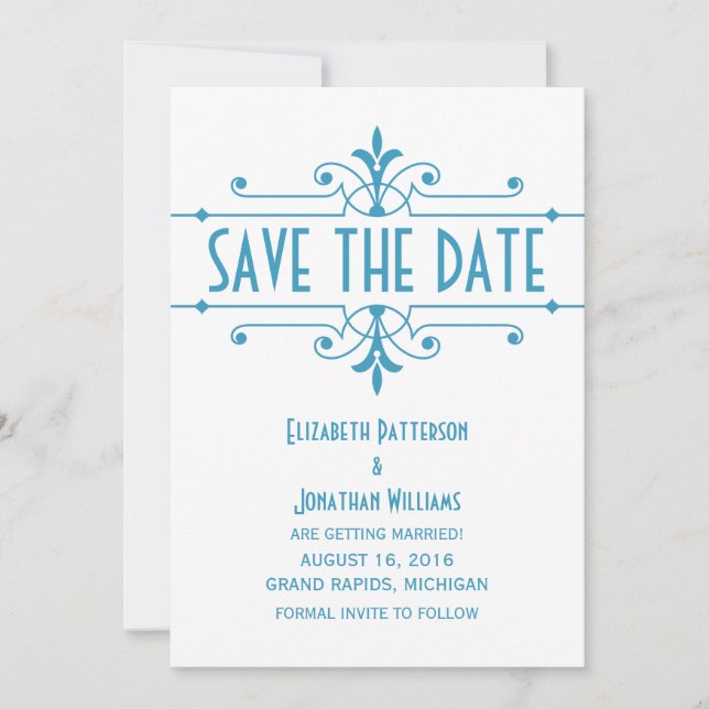 Blue v2 Fancy Ornamental Save the Date Invite (Front)