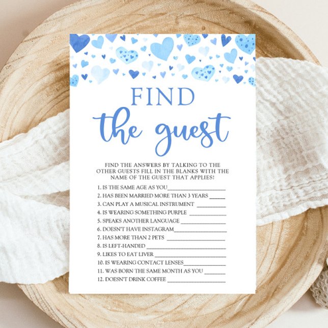 Blue Valentine Find The Guest Baby Shower Game Invitation (Watercolor Cute Blue Hearts Valentine Sweetheart February Baby Boy Find The Guest Baby Shower Game)