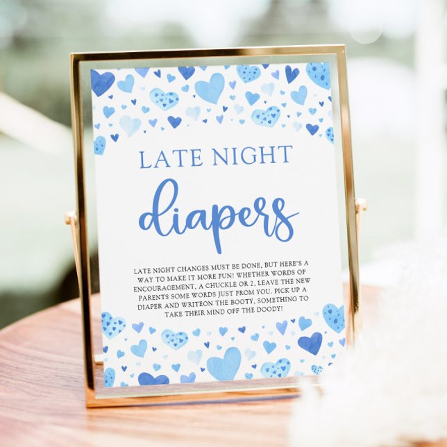 Blue Valentine Late Night Diapers Baby Shower Poster (Watercolor Cute Blue Hearts Valentine Sweetheart Baby Boy Late Night Diapers Baby Shower Game Sign)