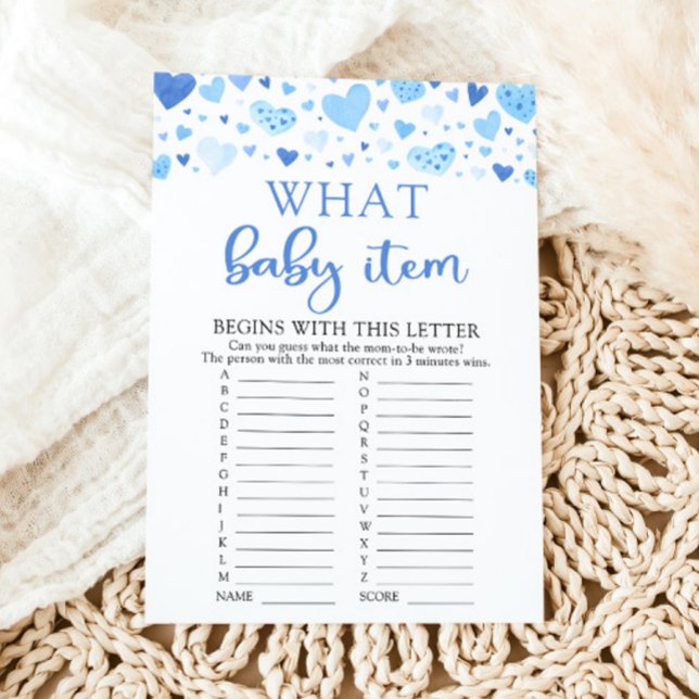 Blue Valentine What Baby Item Baby Shower Game Invitation (Watercolor Cute Blue Hearts Valentine Sweetheart February Boy What Baby Item Baby Baby Shower Game)
