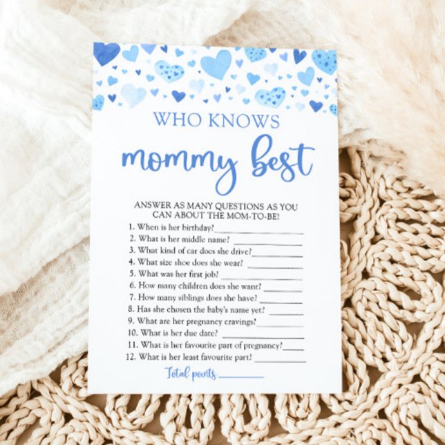 Blue Valentine Who Knows Mommy Best Baby Shower Invitation (Watercolor Cute Blue Hearts Valentine Sweetheart February Boy Who Knows Mommy Best Baby Shower Game)