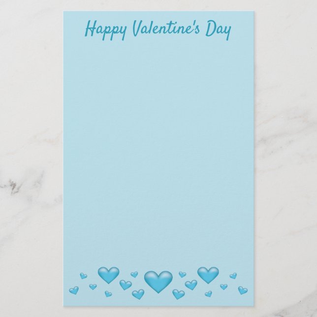 Blue Valentine's Day Hearts & Custom Text Stationery (Front)