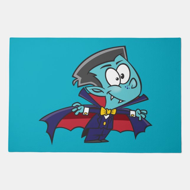 Blue Vampire Boy with Cape Cute Dracula Doormat (Front)