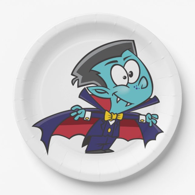 Blue Vampire Boy with Cape Cute Dracula Paper Plates (Front)