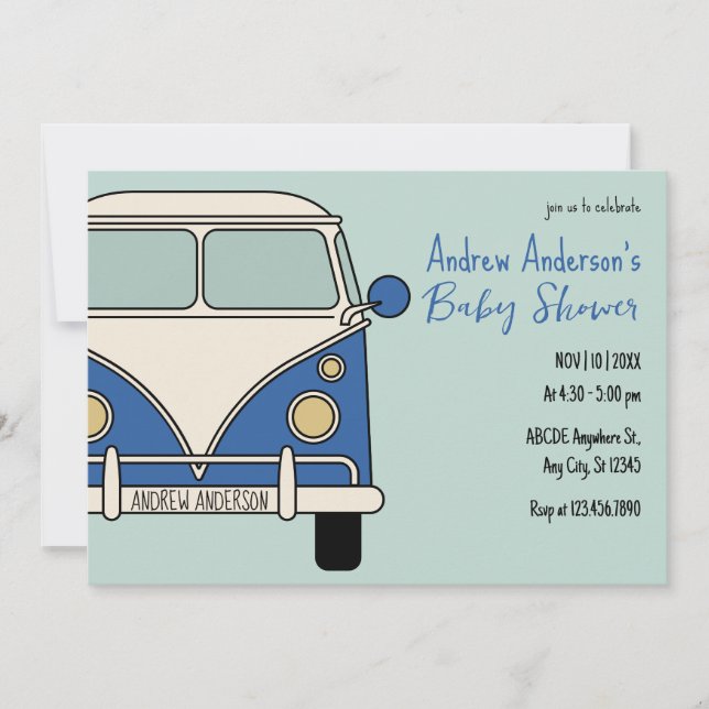 Blue van vintage baby shower invitation (Front)