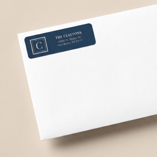 Blue & Vanilla Framed Monogram Return Address Label (Creator Uploaded)