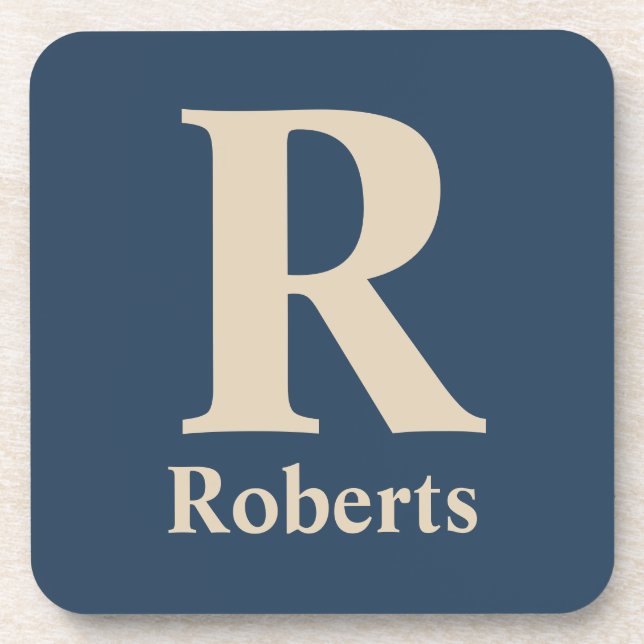 Blue/Vanilla Modern Minimal Monogram Beverage Coaster (Front)
