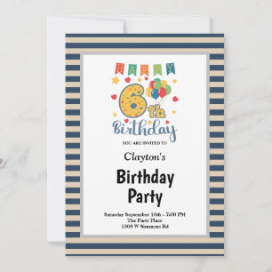 Blue/Vanilla Stripes Framed 6th Birthday Party Invitation