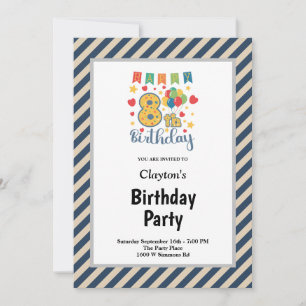 Blue/Vanilla Stripes Framed 8th Birthday Party Invitation