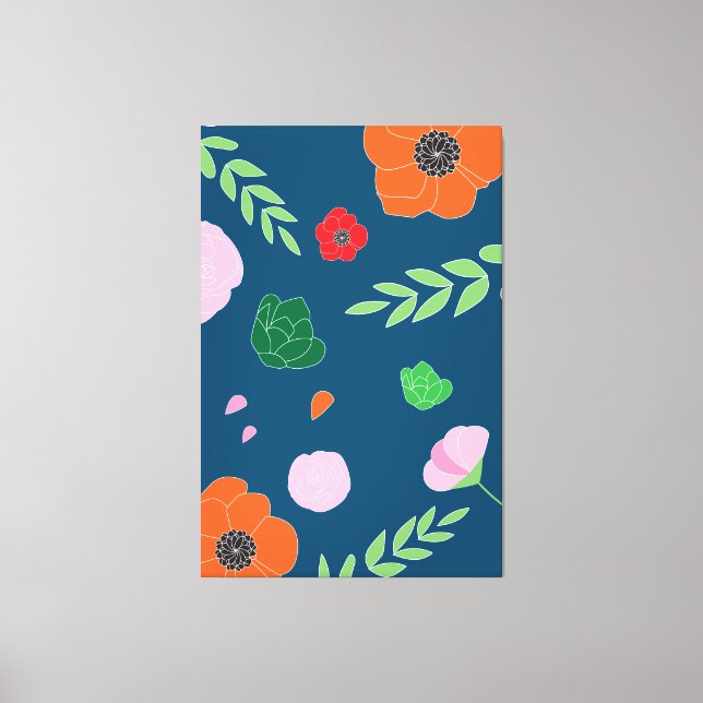 Blue Various Flowers Modern Illustration Floral Canvas Print (Front)