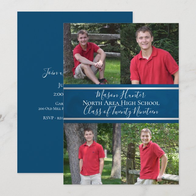 Blue Varsity Quad Photo Graduation Invitation (Front/Back)