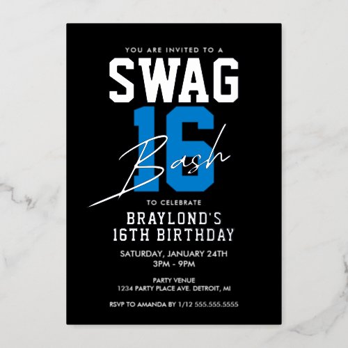 Blue Varsity Style Swag 16 Birthday Foil Invitation