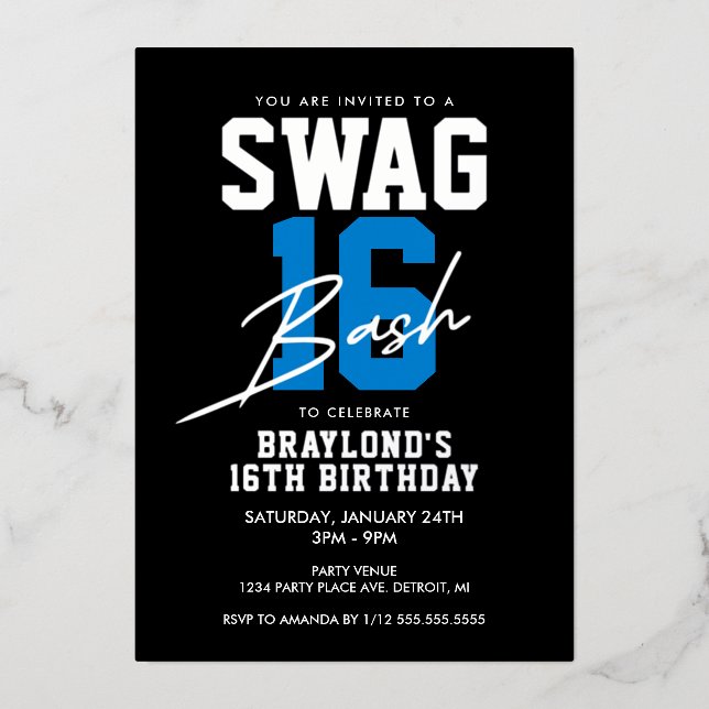 Blue Varsity Style Swag 16 Birthday Foil Invitation (Front)