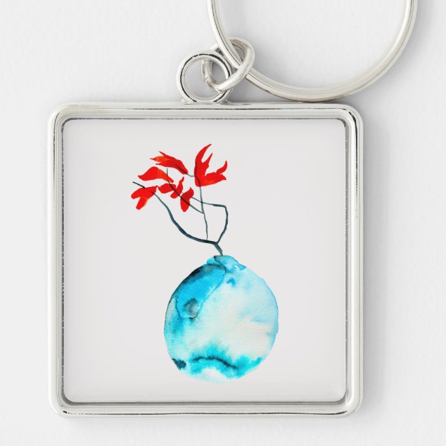 Blue vase watercolor ikebana keychain (Front)