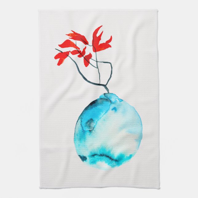 Blue vase watercolor ikebana kitchen towel (Vertical)