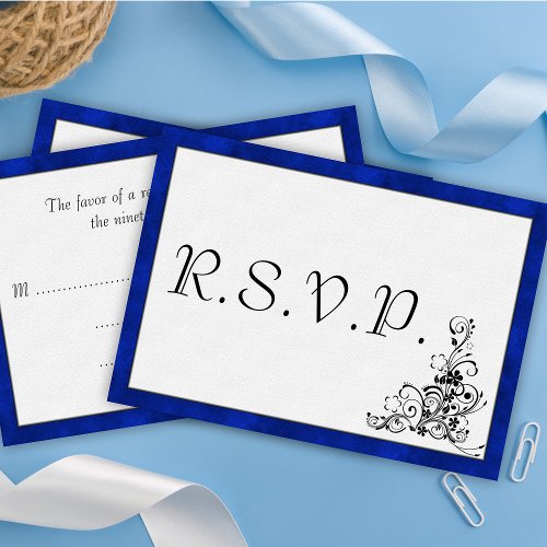 Blue Velvet Black Flourish Wedding RSVP Card