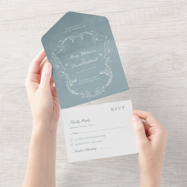 Blue Velvet Elegant Baroque Ornament Wedding All In One Invitation (Tearaway)