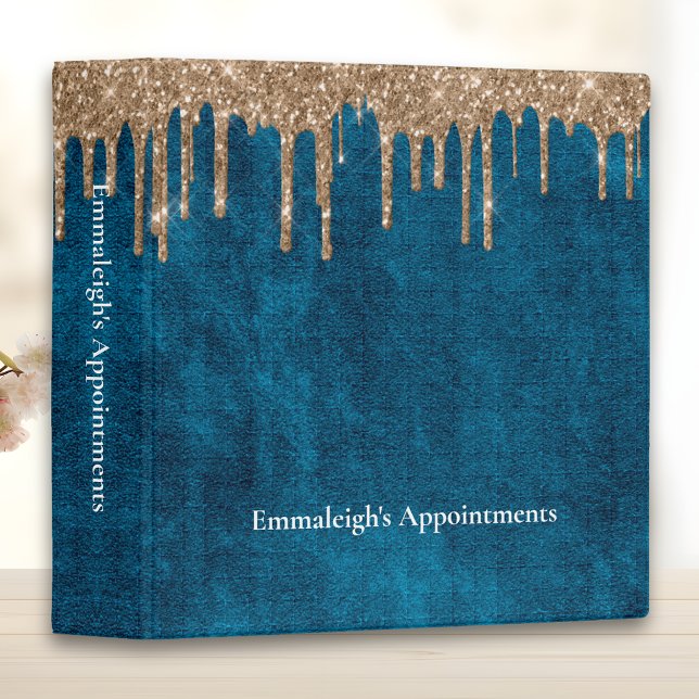 Blue Velvet Gold Glitter Drip Appointment 3 Ring Binder (Creator Uploaded)