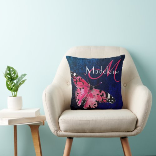  Blue Velvet Hot Pink Fantasy Butterfly Art Deco Throw Pillow