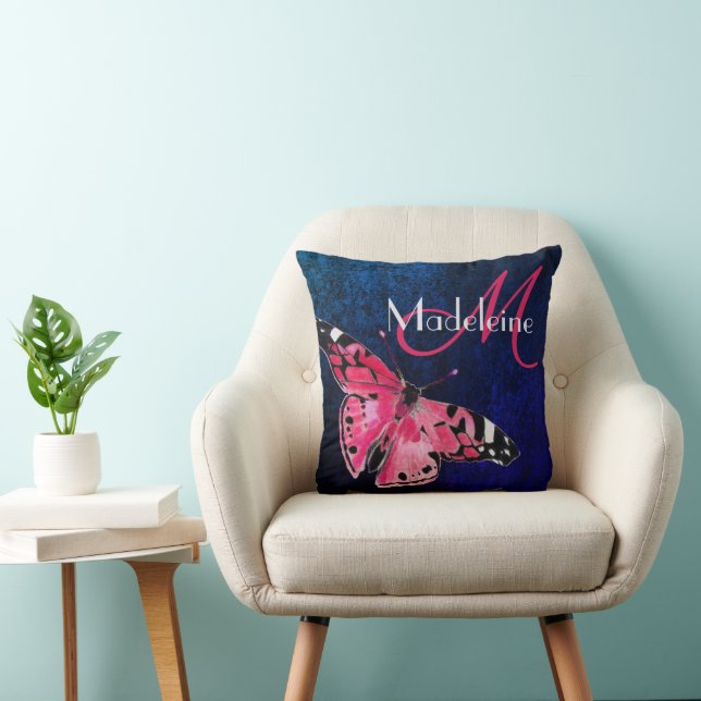  Blue Velvet Hot Pink Fantasy Butterfly Art Deco Throw Pillow (Chair)