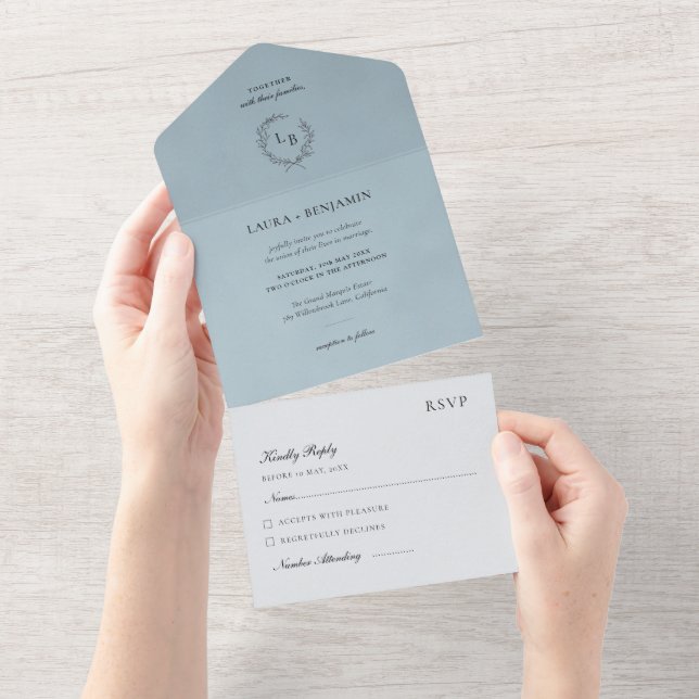Blue Velvet Laurel Wreath Minimalist Wedding All In One Invitation (Tearaway)