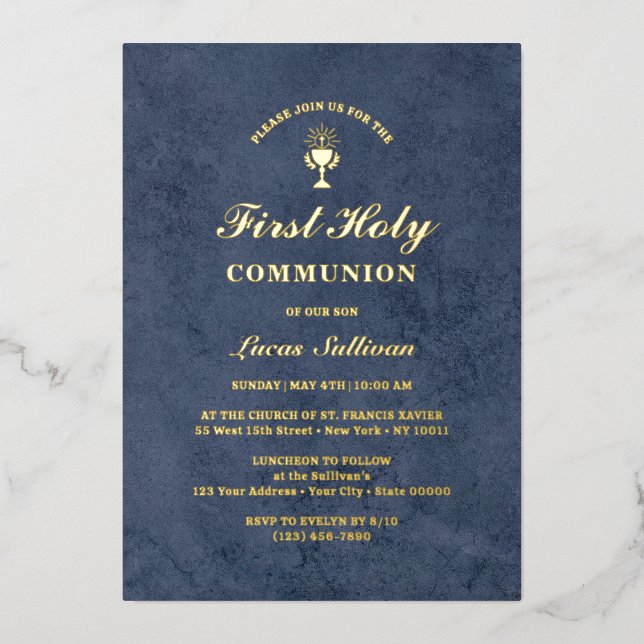 Blue Velvet Marble First Communion Foil Invitation (Front)