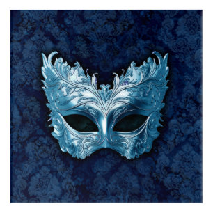 Blue Venetian Mask on Blue Damask Background Acrylic Print
