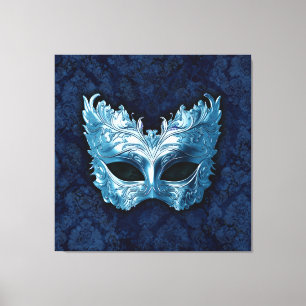 Blue Venetian Mask on Blue Damask Background Canvas Print