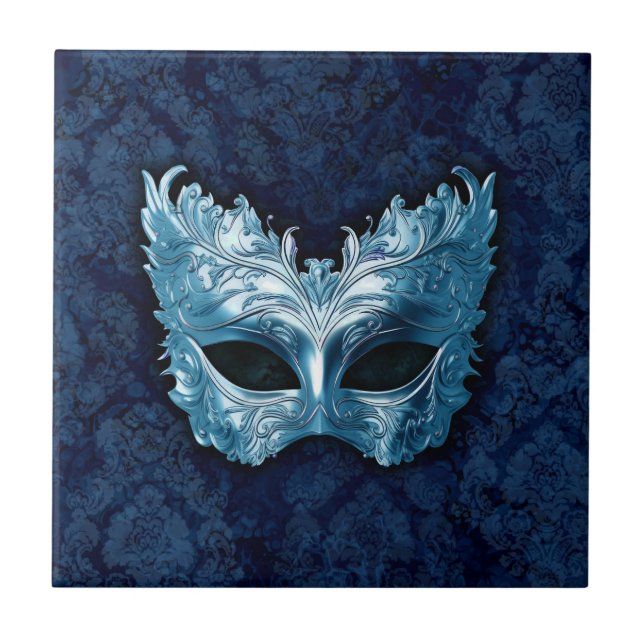 Blue Venetian Mask on Blue Damask Background Ceramic Tile (Front)