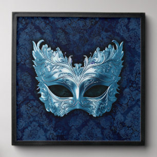 Blue Venetian Mask on Blue Damask Background Peel And Stick Photo Tile