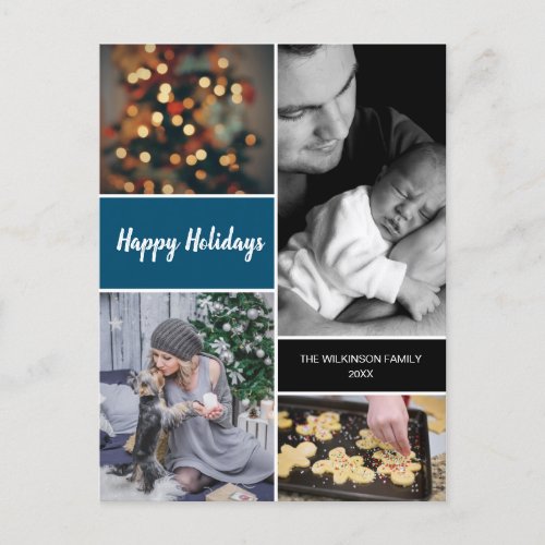 Blue Vertical Merry Christmas Photo Collage Holiday Postcard