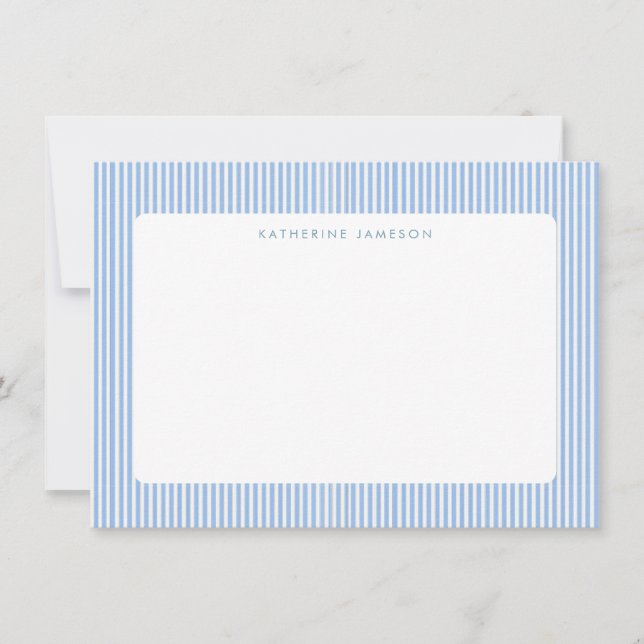 Blue Vertical Stripes Coastal Monogram Note Card (Front)