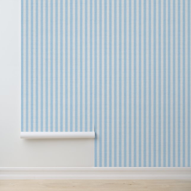 Blue Vertical Stripes Linen Look Coastal Wallpaper (Application)