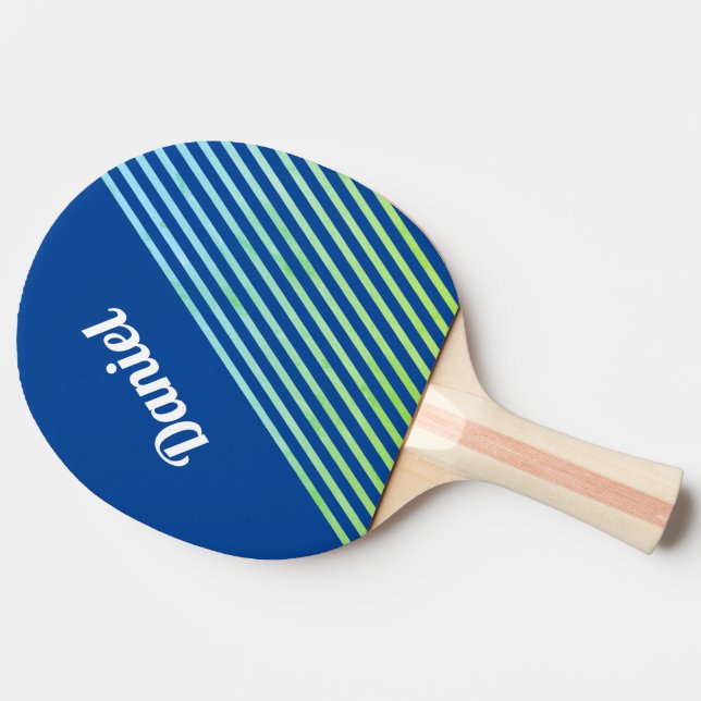 Blue Vertical Stripes Personalized Name Modern Geo Ping Pong Paddle (Side)