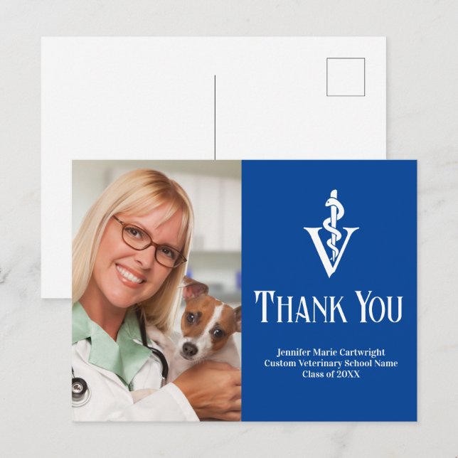 Blue Veterinarian Photo Custom Thank You Postcard (Front/Back)