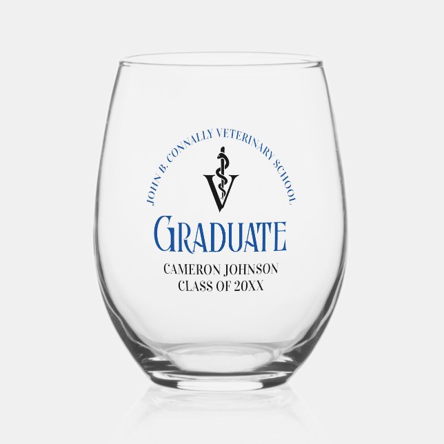 Blue Veterinary School Graduation Custom Stemless Wine Glass (Front)