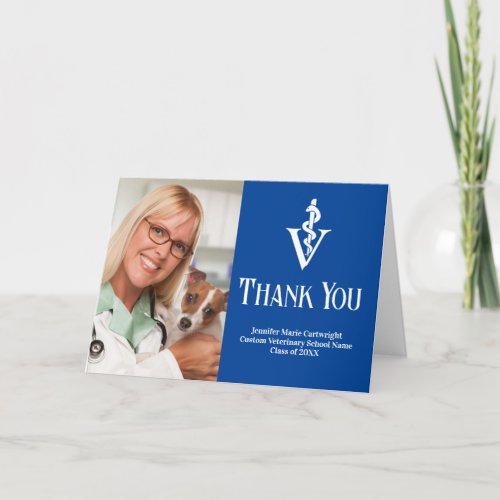 Blue Veterinary School Graduation Photo Custom Thank You Card