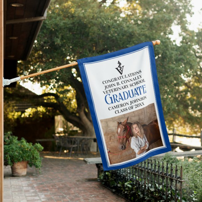 Blue Veterinary School Photo Graduation Party House Flag (In SItu)