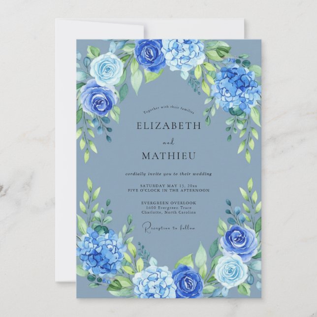 Blue Vibrant Floral Flourish Wedding Invitation (Front)