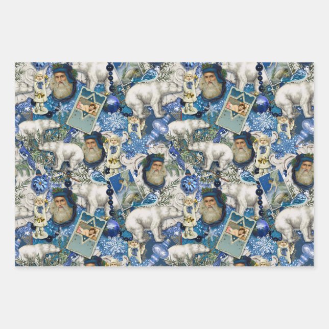 Blue Victorian Christmas Collage  Wrapping Paper Sheets (Front)
