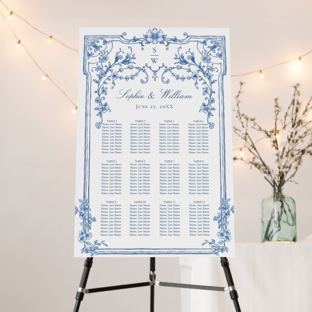 Blue Victorian Ornate 12 Tables SEATING CHART Foam Board (In Situ (Stand))