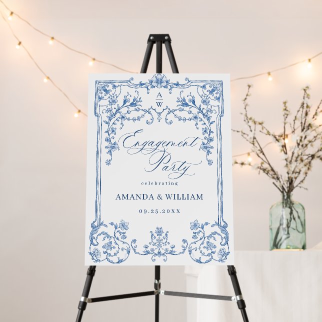 Blue Victorian Ornate Engagement Party WELCOME Foam Board (In Situ (Stand))