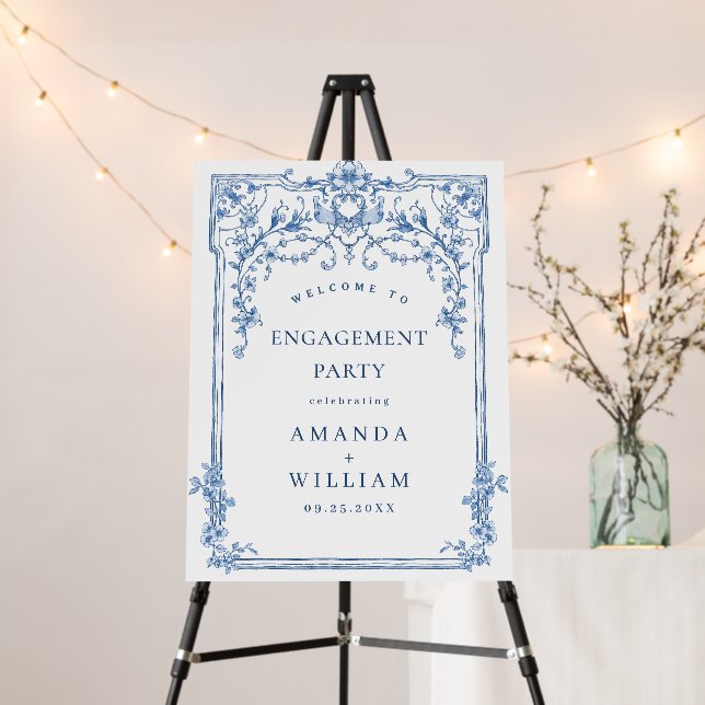 Blue Victorian Ornate Engagement Party WELCOME Foam Board (In Situ (Stand))