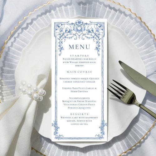 Blue Victorian Ornate Grace Boho Wedding Dinner Menu