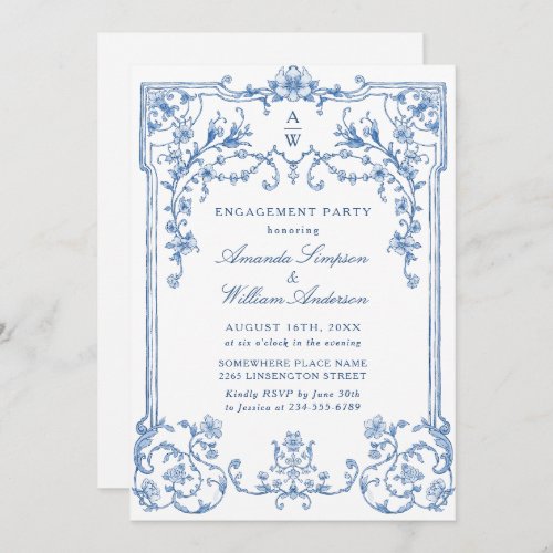 Blue Victorian Ornate Grace ENGAGEMENT PARTY Invitation