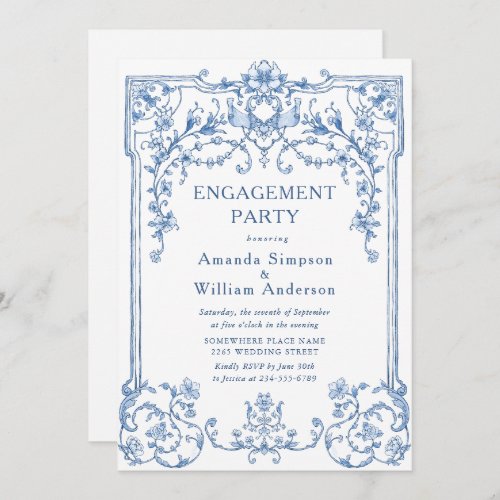 Blue Victorian Ornate Grace ENGAGEMENT PARTY Invitation