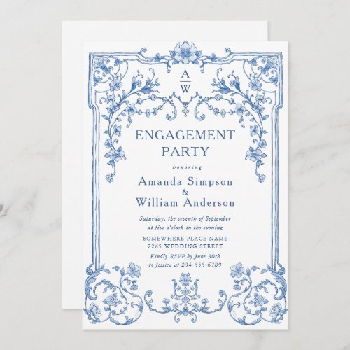 Blue Victorian Ornate Grace ENGAGEMENT PARTY Invitation