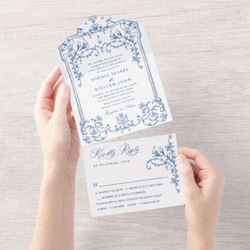 Blue Victorian Ornate Grace Floral Boho Wedding All In One Invitation